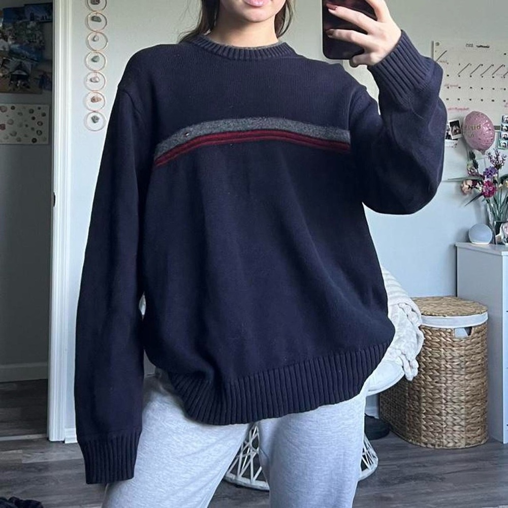 Navy Sweater with Striped Detail